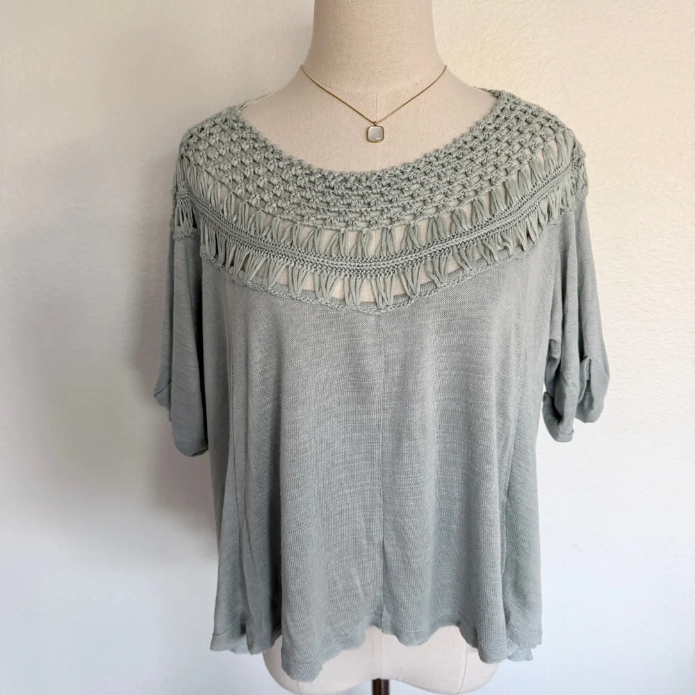 🩵 Free People Crochet Pale Baby Blue Colette Macrame Neckline Tee